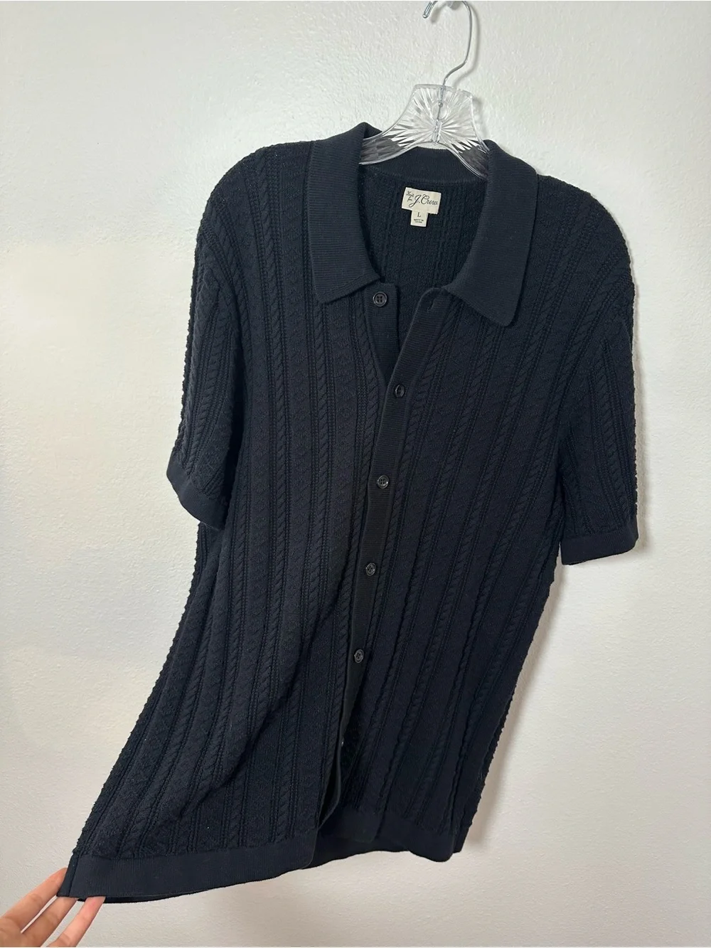 J. Crew Black Short Sleeve Guernsey Stitch Polo Cardigan Sweater Button Front L
